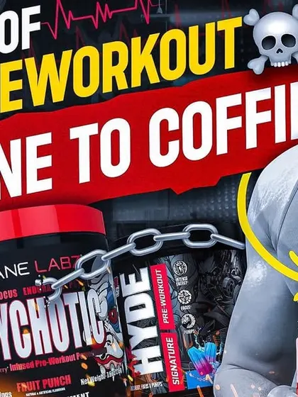 Darkside of Pre-Workout: Caffeine to Coffin. A dramatic thumbnail for a video discussing the dangers of high-stimulant pre-workouts and caffeine abuse.