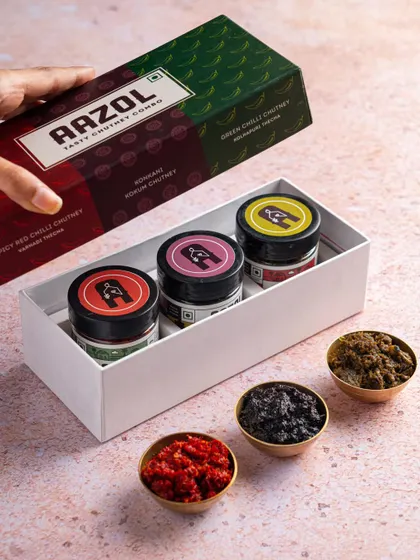 A gift box of assorted chutneys from Aazol. This shot highlights the product's premium packaging, making it an attractive option for gifting.