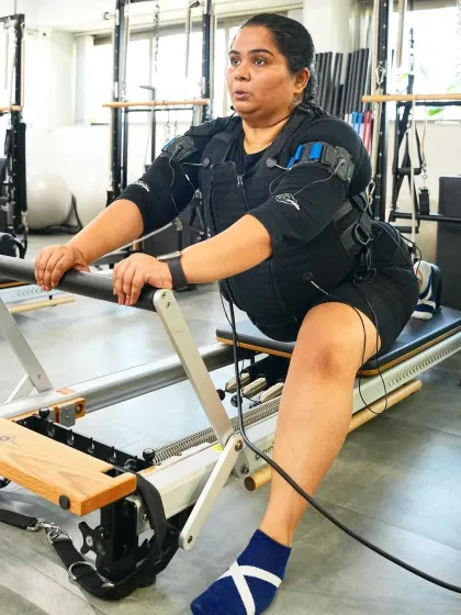 Sumukhi Suresh combines EMS with the Pilates reformer for a unique workout that challenges her strength and stability in new ways.