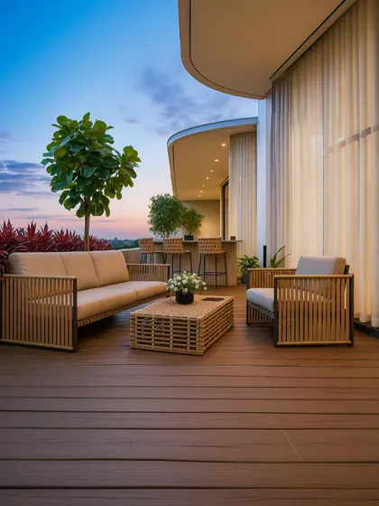 A 3D visualization for a luxurious balcony at Paras Quartier, Gurugram, featuring a sleek outdoor bar and elegant seating with a stunning sunset view.