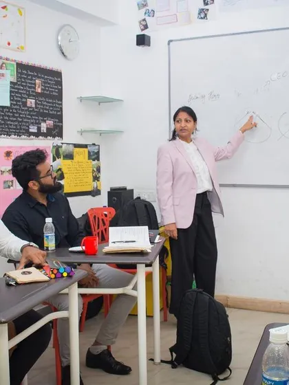 A student presents her work to the class. We encourage peer-to-peer learning and presentations to build confidence in using the language in front of an audience.