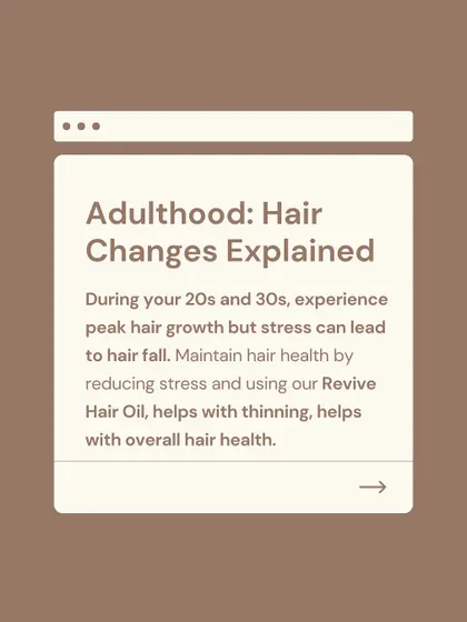 Hair changes during adulthood. Your 20s and 30s are peak growth years, but stress can lead to hair fall. I recommend using my Revive Hair Oil to manage thinning and maintain overall hair health.