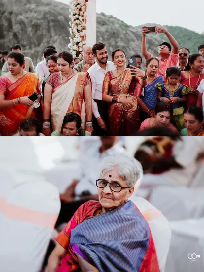 A diptych showing guests taking selfies and a lovely portrait of a grandmother watching the ceremony.