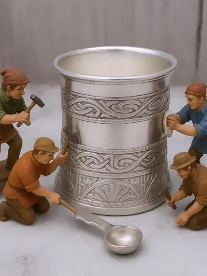 A creative shot showing the craftsmanship that goes into my German silver items, featuring a panchapatra.