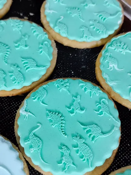 Roar-some dinosaur cookies made using our custom fondant stamps. The stamps create detailed impressions for perfectly themed treats.
