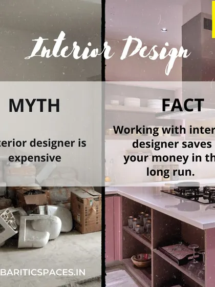 An infographic debunking common myths about interior design. It explains that designers can save you money, care about function as well as aesthetics, and work with a range of budgets and styles.