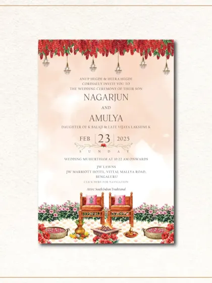 This digital invitation for a traditional South Indian wedding ceremony features detailed illustrations of the mandap setup. The design includes marigold garlands, traditional chairs, and brass urlis filled with flowers.
