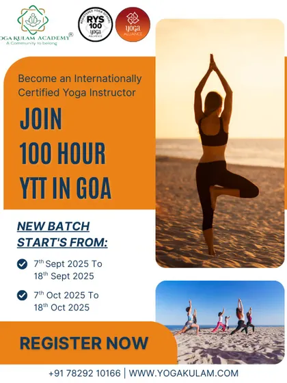 A focused poster for our 100-hour YTTC in Goa, showing a student in a strong Vrikshasana (Tree Pose) against a sunset backdrop, inviting you to find your balance with us.