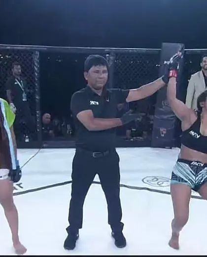 The pure joy of victory. Priya Sharma celebrating her win in the cage at MFN 10. Her hard work and fight camp at our academy paid off.