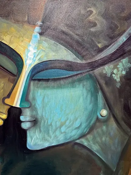 'DIVINITY - II', a 36x48 inch acrylic on canvas painting that captures a moment of serene, divine connection.