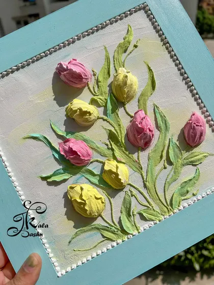 This was my first time sculpting tulips, and I was so happy with how they turned out. I focused on capturing their unique cup shape and arranged them in a simple bouquet on a square panel with a lovely blue frame.