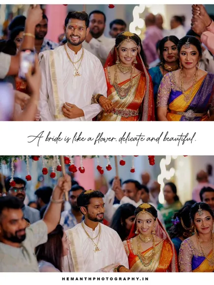 This collage captures the bride and groom's grand entrance, surrounded by family and friends, showcasing the celebratory atmosphere of a South Indian wedding.