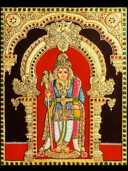 The unframed version of the standing Lord Murugan painting. This view allows you to appreciate the full detail of the gold work and the artist's skill in rendering the deity's form and attire.