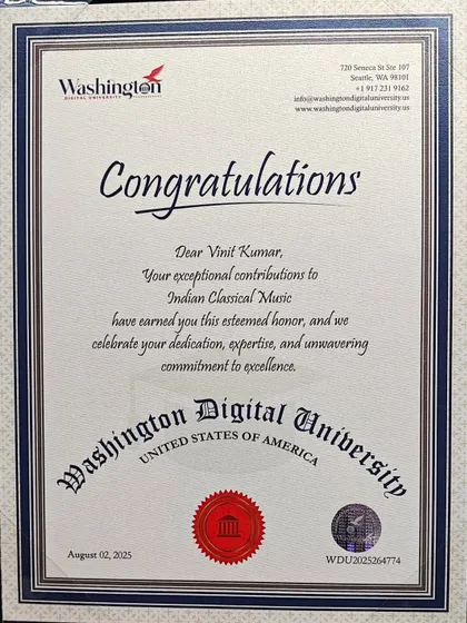 A congratulatory letter from Washington Digital University celebrating the dedication, expertise, and unwavering commitment to excellence of our founder, Vinit Kumar.