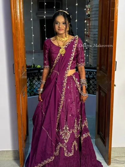 The full look for the Marwadi ceremony, showcasing the beautiful purple lehenga and traditional draping style.