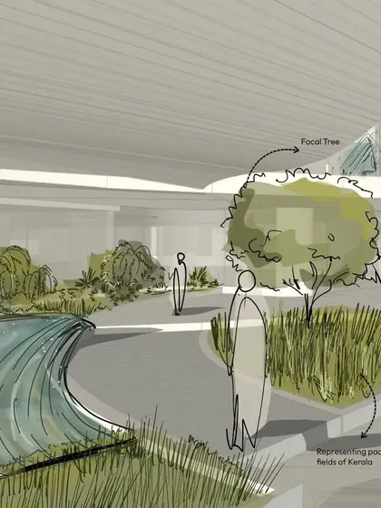 Concept sketches illustrating the design for the entrance at CIAL, inspired by Kerala's paddy fields and the 'Nettipattam' of temple elephants. This shows how cultural and natural elements are translated into a landscape design from the very beginning.