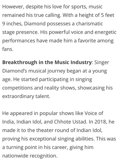 This article mentions my breakthrough in the music industry, including my journey through reality shows like Indian Idol and Voice of India.