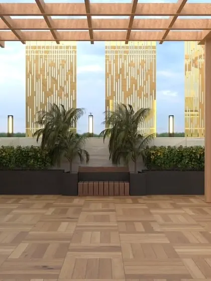 A proposed design for a large terrace in Palam Vihar, Gurgaon. The render showcases a circular gazebo, decorative golden screens, and parquet-style wooden flooring.