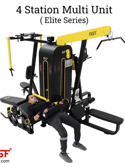 A user on the chest press station of the 4-Station Multi-Unit.