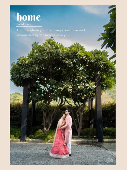 "Home is a place where you are always welcome." This beautiful portrait captures the couple in a loving embrace under a large tree, symbolizing their new beginning and the home they've found in each other.