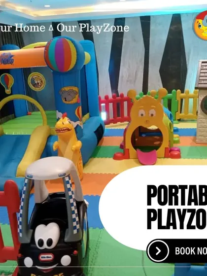 Your home, our playzone. This graphic shows a large indoor setup with a bouncy castle, a caterpillar tunnel, and a playhouse, all ready to be booked for your next event.