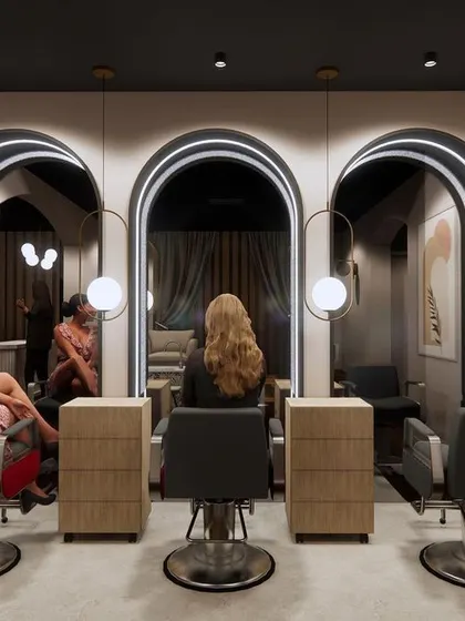 A rendering of the styling stations for the 'Her Highness' concept. The design features three arched mirrors with integrated lighting, creating a glamorous and cohesive look that makes clients feel special.