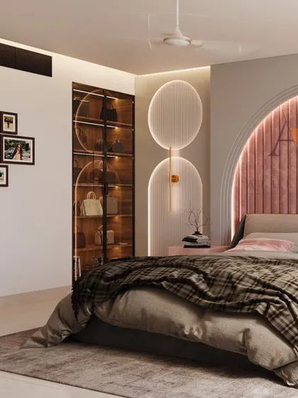 This angle reveals a custom-built, glass-front display cabinet for accessories, seamlessly integrated into the bedroom's design for a touch of personal luxury.