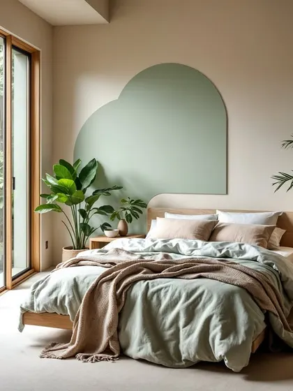A Japandi-inspired bedroom where a soft sage green arch painted on a Peach Fuzz wall creates a unique and calming focal point.