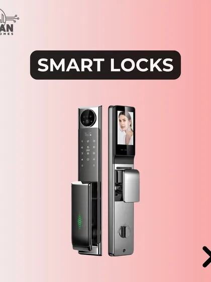 A product shot of our premier smart lock, which features a high definition camera and screen. This device is more than a lock; it's a complete front door security and communication system.