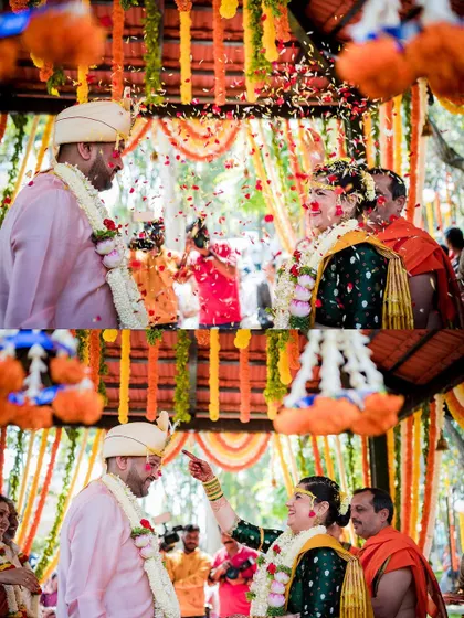 The couple exchanges flower garlands under a colorful mandap, a moment of mutual acceptance and joy. We capture this ritual with an eye for color and emotion.