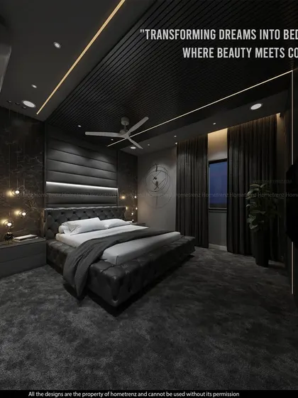 A dramatic, all-black bedroom design for a client who wanted a bold and luxurious retreat. I used a mix of textures, including a tufted leather bed, a padded headboard wall, and a slatted ceiling, all enhanced by strategic linear lighting.