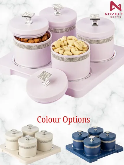 Add a touch of sparkle with these elegant dry fruit containers. The rhinestone-studded design is available in several pastel and bold colors to suit any decor.