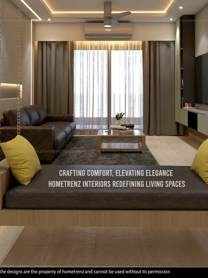 Crafting comfort and elevating elegance is my goal. This living room features a modern indoor swing, a deep leather sofa, and soft ambient lighting to redefine the living space.