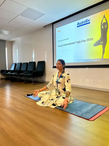 Another angle of the meditation at Autoliv, showing my posture and focus. Leading by example helps participants to settle into their own practice.