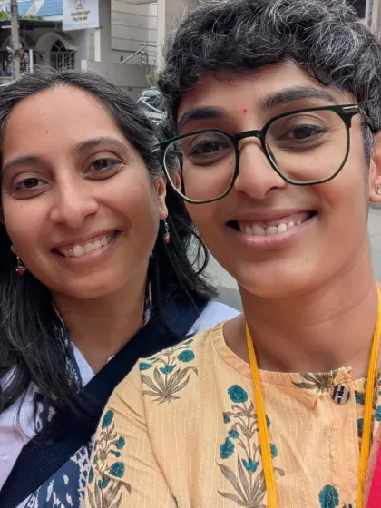 A selfie with my 8th-grade Sanskrit teacher who came to the Poha-Jalebi Club with her family. It’s amazing how these events bring people from different parts of my life together.