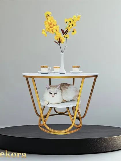 A creative basket-style coffee table with a gold metal frame and dual marble-finish surfaces. This piece is designed to be both a conversation starter and a practical table for your living room.