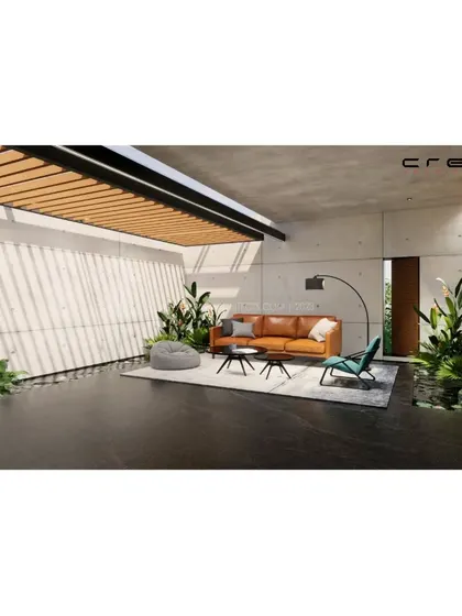 A duplicate of an interior render for 'Hover Over,' this image showcases a space designed for relaxation, blending minimalist furniture with natural materials and abundant light.
