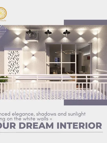 Balanced elegance. This modern balcony exterior showcases the interplay of shadows and sunlight on white walls, enhanced by stylish up-and-down wall lights.