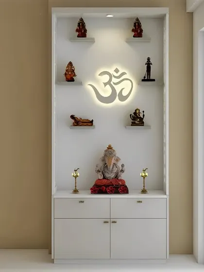 A clean and minimalist pooja unit in all white. The backlit Om is the main feature, creating a soft and serene glow.