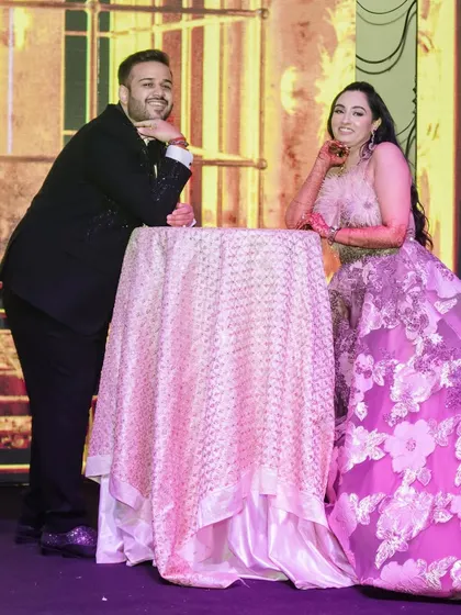 This playful pose from Shreya and Ishan’s sangeet performance captures the fun side of their love story. I always include moments in the choreography that let the couple's true personalities shine through.