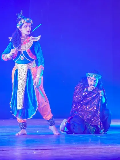 Portraying the cunning and manipulative Shakuni in '18 Days'. The character's physicality, with his limp and twisted expressions, is a theatrical device we use to represent the adharma he embodies, contrasting sharply with Krishna's straightforward grace.