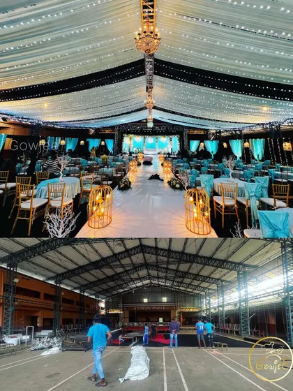 A before-and-after shot showing the transformation of a simple hall into a stunning reception venue.