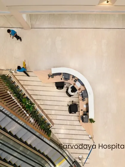 We embrace adaptive reuse because it reduces environmental impact and improves healthcare accessibility. This aerial view of Sarvodaya Hospital shows how an older building can be given a new life as a modern healthcare facility.