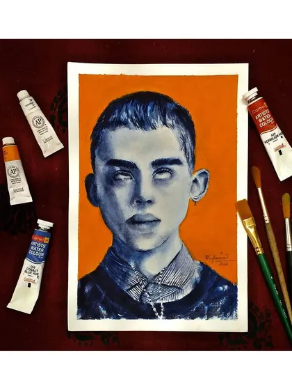A playful piece where I experimented with a monochromatic blue palette and vacant eyes for a surreal effect. This watercolor painting shows my love for creating stylized male portraits with a twist.