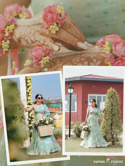 A collage focusing on the details, from the bride's floral hand jewelry to her poses in the garden.