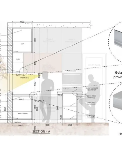 This technical drawing shows the section and details of the Cube House kitchen. It highlights our meticulous planning process, including the integration of Gola profile handles and LED strip lighting for a clean, modern finish.