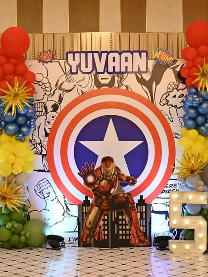A superhero universe brought to life. This Marvel-themed birthday backdrop featured Captain America's shield, Iron Man, and The Hulk for an action-packed celebration.