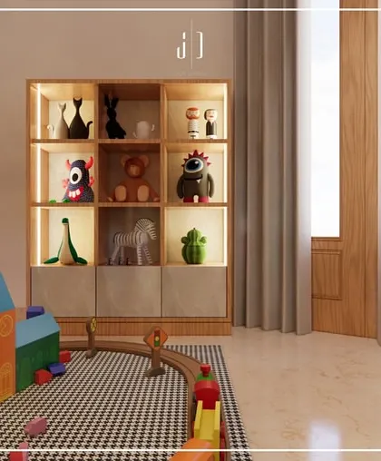 A closer look at the toy storage unit in the 3D kids' room design. The illuminated cubbies make organizing and displaying toys fun and easy.
