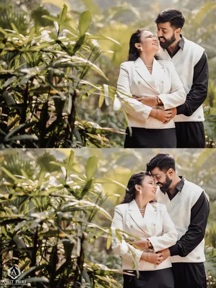 A collage of loving embraces amidst lush greenery. These photos capture the couple's warmth and affection, with the natural background adding to the romantic and peaceful atmosphere.