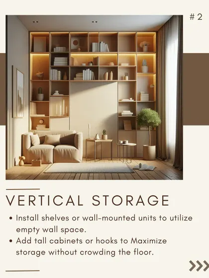 Vertical storage is a key strategy for maximizing small spaces. By installing wall-mounted shelves and tall cabinets, I draw the eye upward and keep the floor clear, providing ample storage without crowding the room.